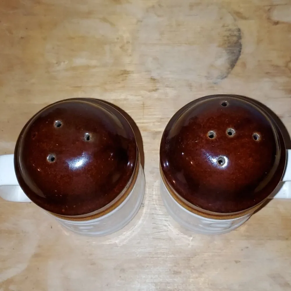 Vtg. Brown Crockery Salt Pepper Shakers Handles